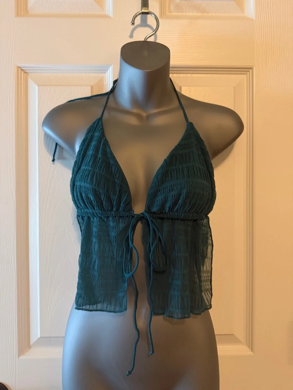 SHEIN Teal Green Sheer Tie-Front Crop Halter Top - Picture 1 of 1